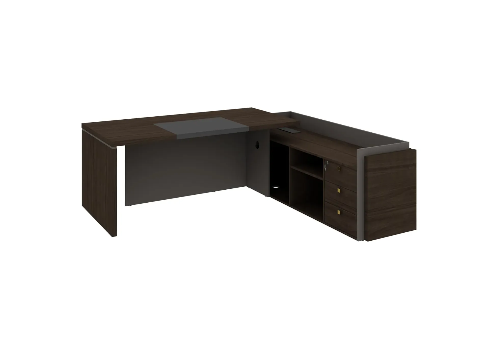 Bota L-shaped Executive Table with Storage (MF006-Dark Walnut, 2200*1979*760, Right Side)